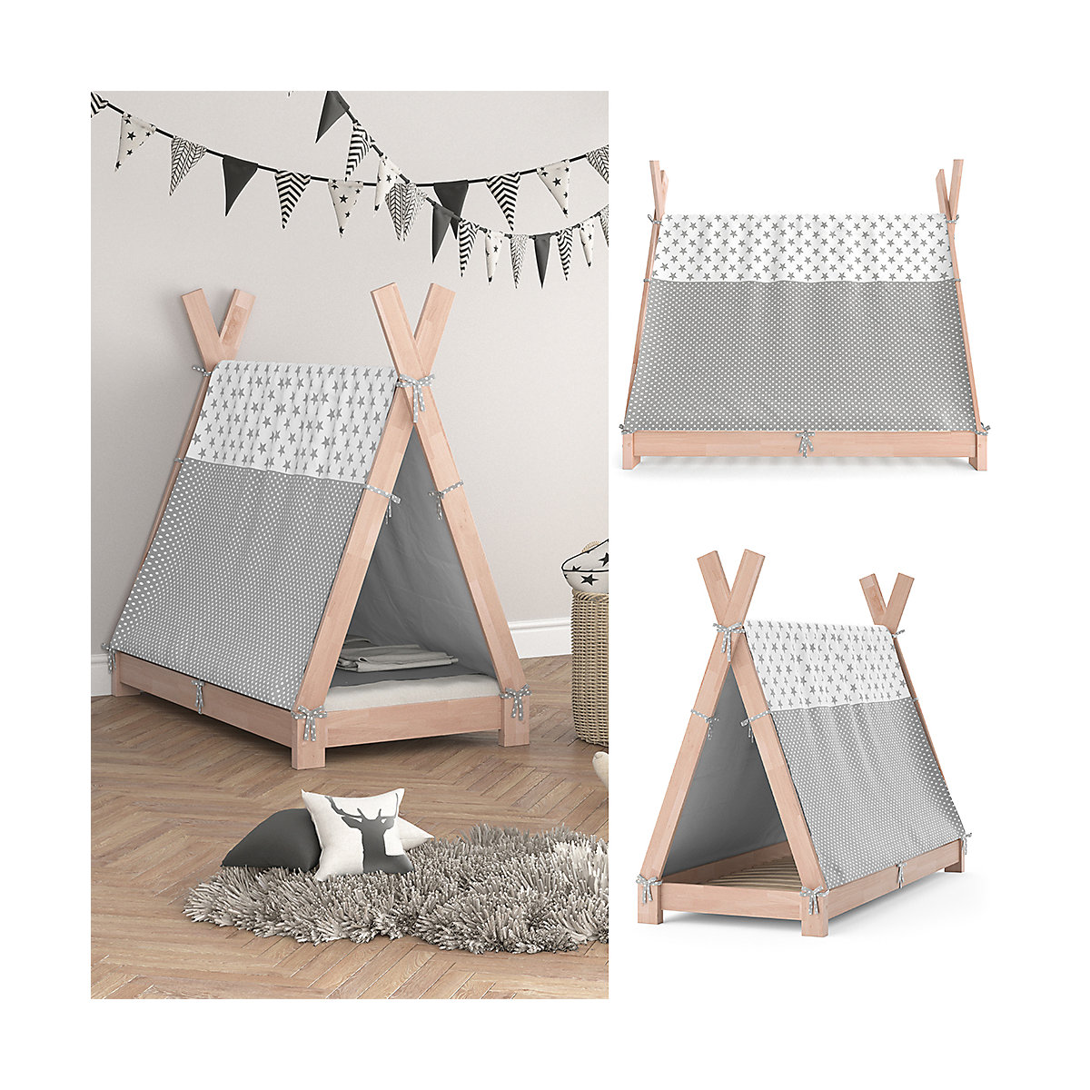 Kinderbett Hausbett Tipi + Überwurf 70x140cm Indianerzelt Indianerbett