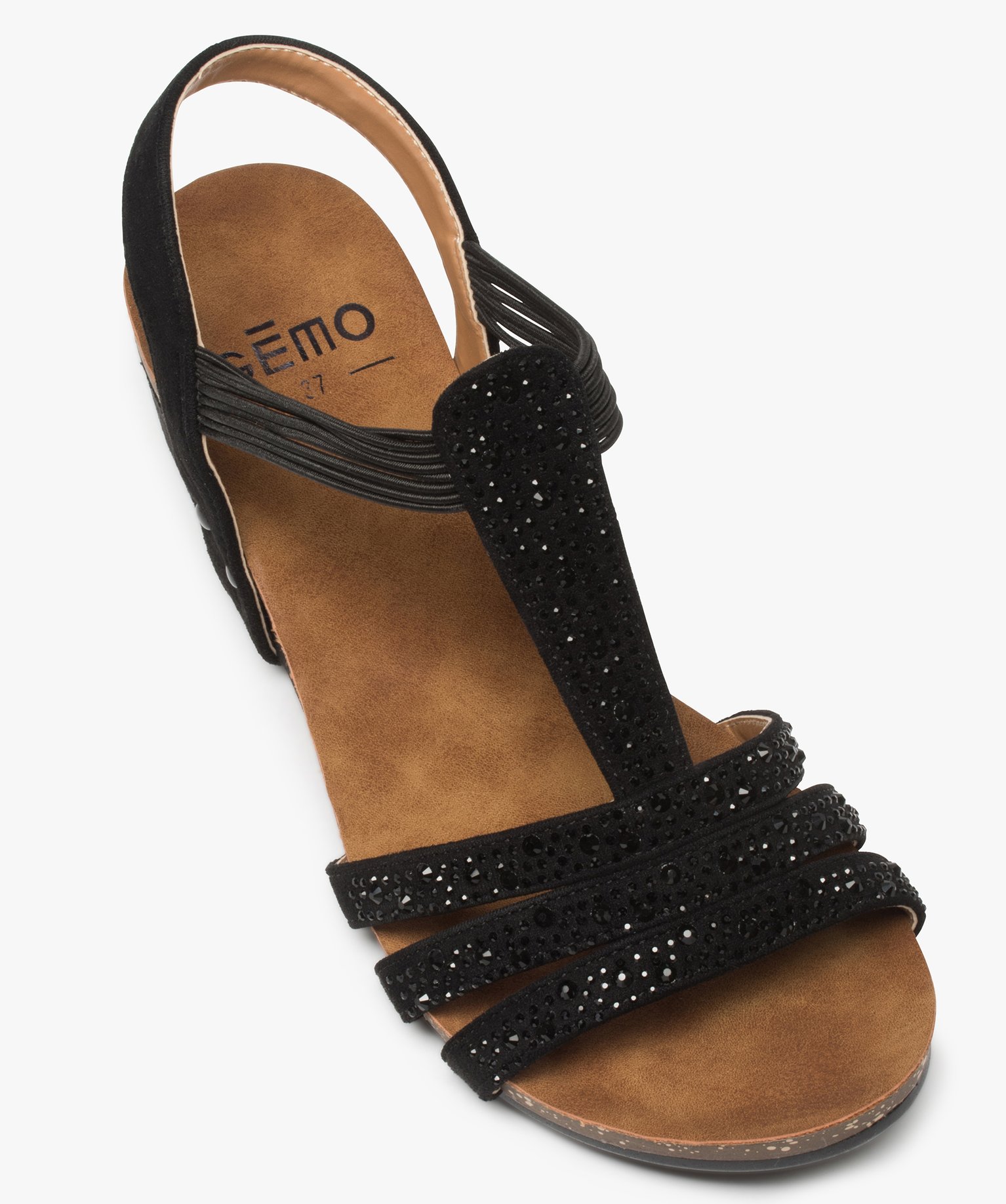 Sandales femme compensées à brides strass élastiquées noir | GEMO