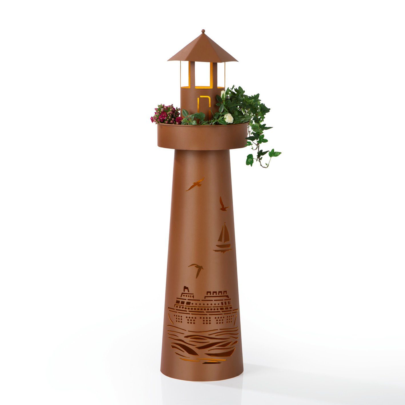 Hoberg Dekosäule LED Deko-Leuchtturm in Rost-Optik - 80cm, XL Garten Deko Säule Außen Beleuchtung Pflanzschale Pflanzsäule