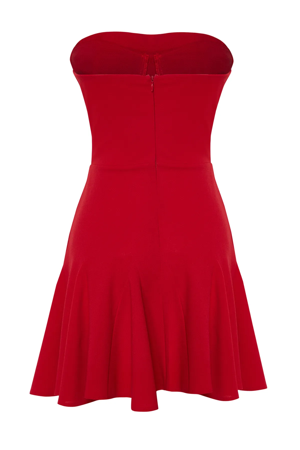 Trendyol Collection  Zeynep Tosun Rotes gestricktes Abendkleid - Volantrock, elegantes Kleid TCLSS24EL00007