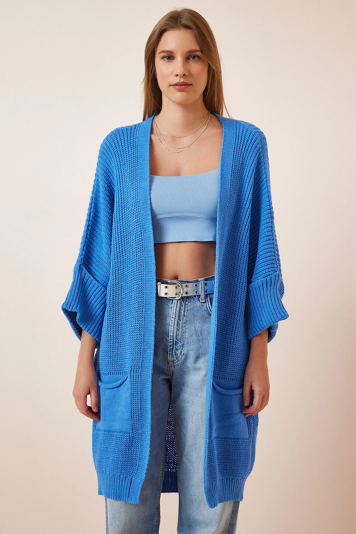 Happiness İstanbul  Übergroße Strickjacke mit langen Taschen für Damen in Blau AS00003H