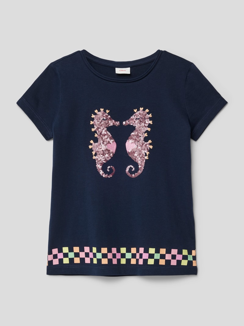 T-Shirt mit Paillettenbesatz in marineblau