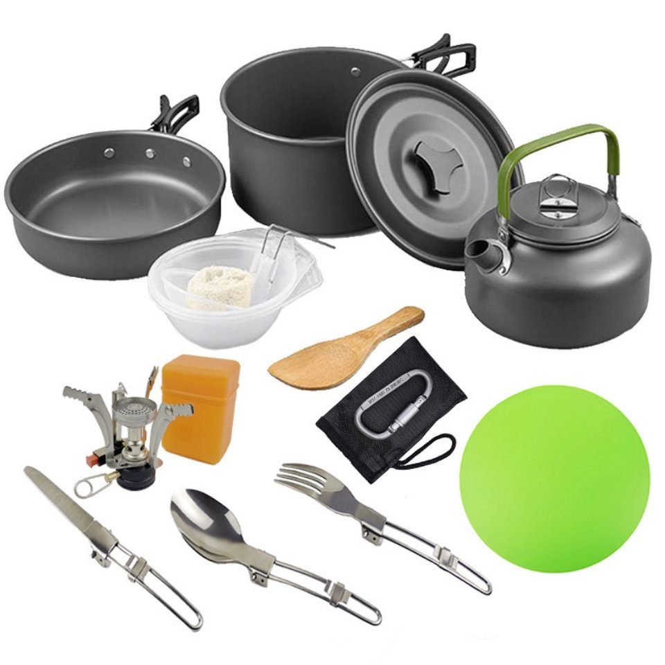 MDHAND Gaskocher Geschirr-Set Tragbar Kochgeschirr Topf Kocher Set,Aluminium, (15-St), mit Faltender Löffel Gabel Cutter Cup für 2 bis 3 Personen