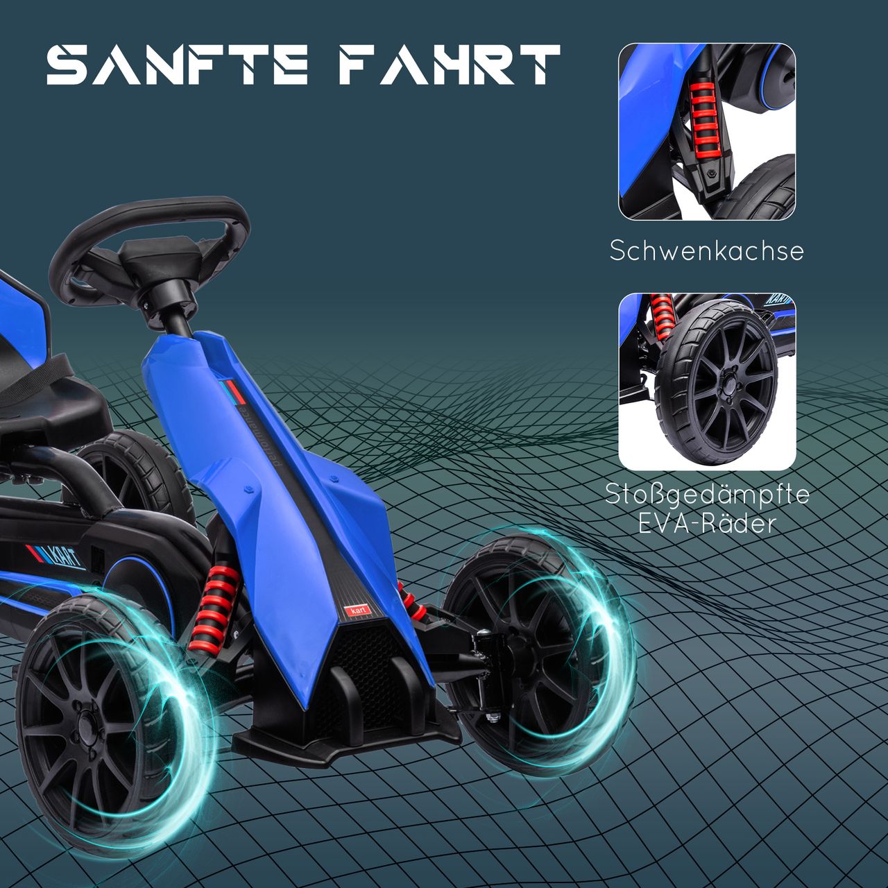 HOMCOM Gokart, Kinderfahrzeug mit verstellbarem Sitz, Tretfahrzeug, Blau