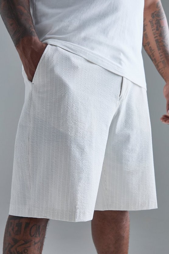 Plus gestreifte Seersucker Shorts mit Kordelzug