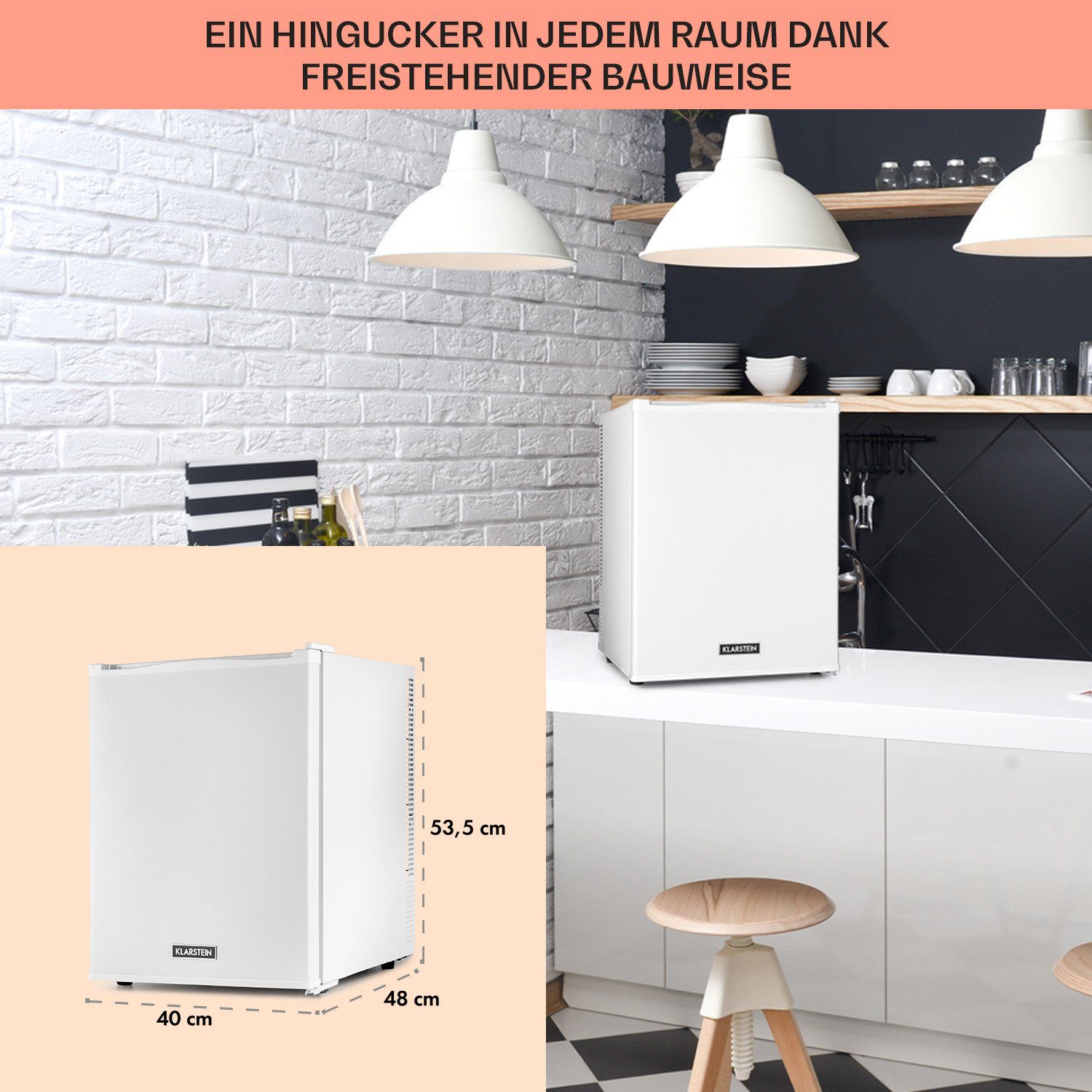 Klarstein Table Top Kühlschrank HEA-HappyHour-42Wht 10035245A, 53.5 cm hoch, 40 cm breit, Hausbar Minikühlschrank ohne Gefrierfach Getränkekühlschrank klein