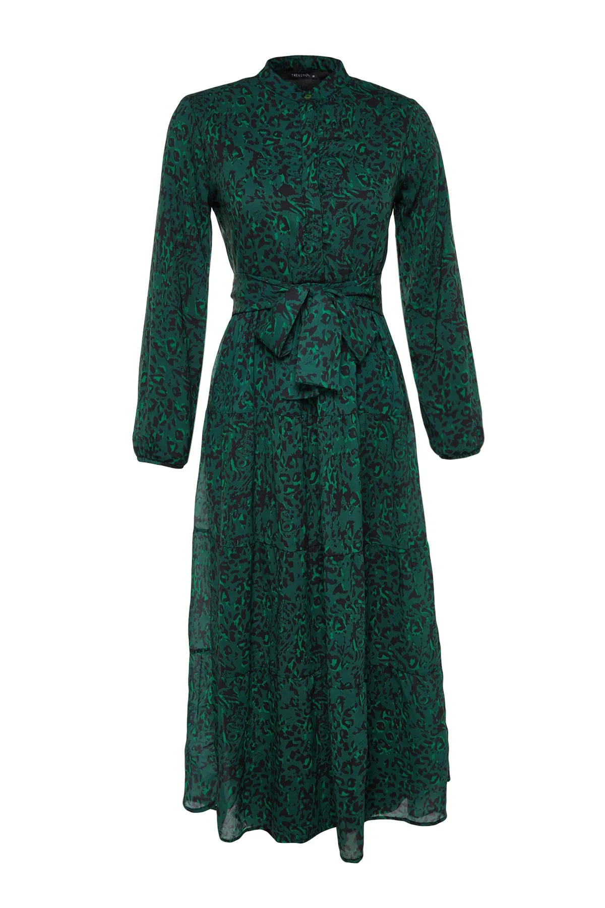 Trendyol Modest  Dunkelgrünes gemustertes, gefüttertes Chiffon-Gewebekleid mit Gürteldetail TCTSS21EL3346