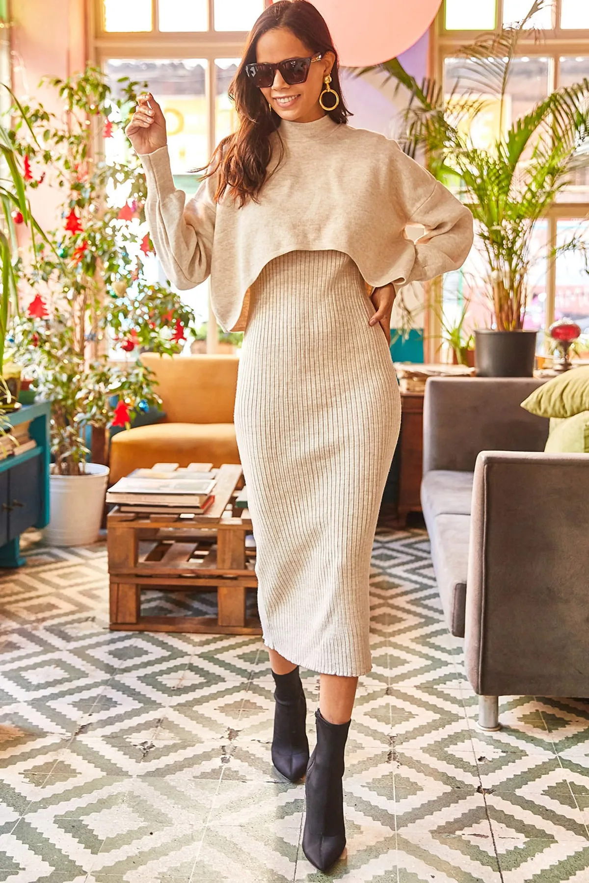 Olalook  Damen Strickwaren-Set mit Oberteil und kurzem Pullover sowie Trägerkleid in Steinoptik TKM-19000176