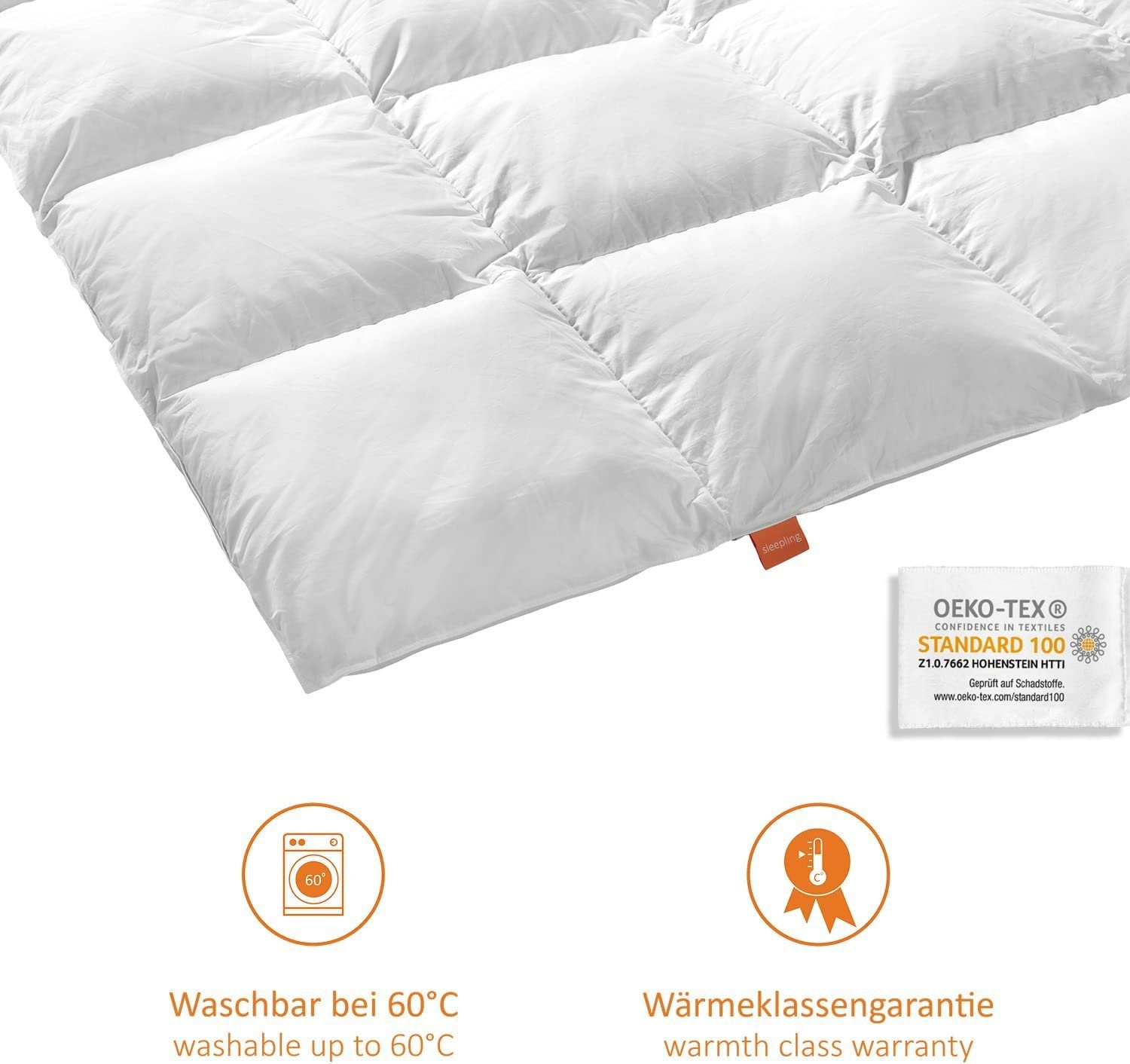 Daunenbettdecke, Komfort Daunendecke, sleepling, Füllung: 90% Daunen, 10% Federn, waschbar bei 60°C, 5 Wärmeklassen, für Allergiker geeignet NOMITE