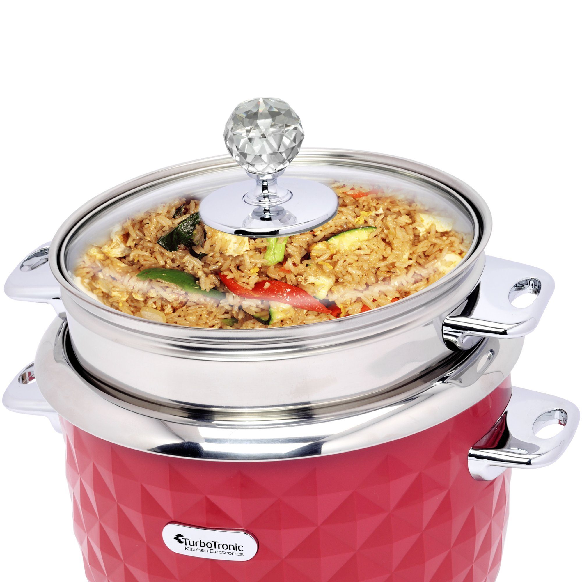 TurboTronic by Z-Line Reiskocher 1 Liter mit Dampfgareinsatz aus Edelstahl PLASTIKFREI, 400 W, mini Design Dampfgarer kleiner Reistopf Milchreis Cooker