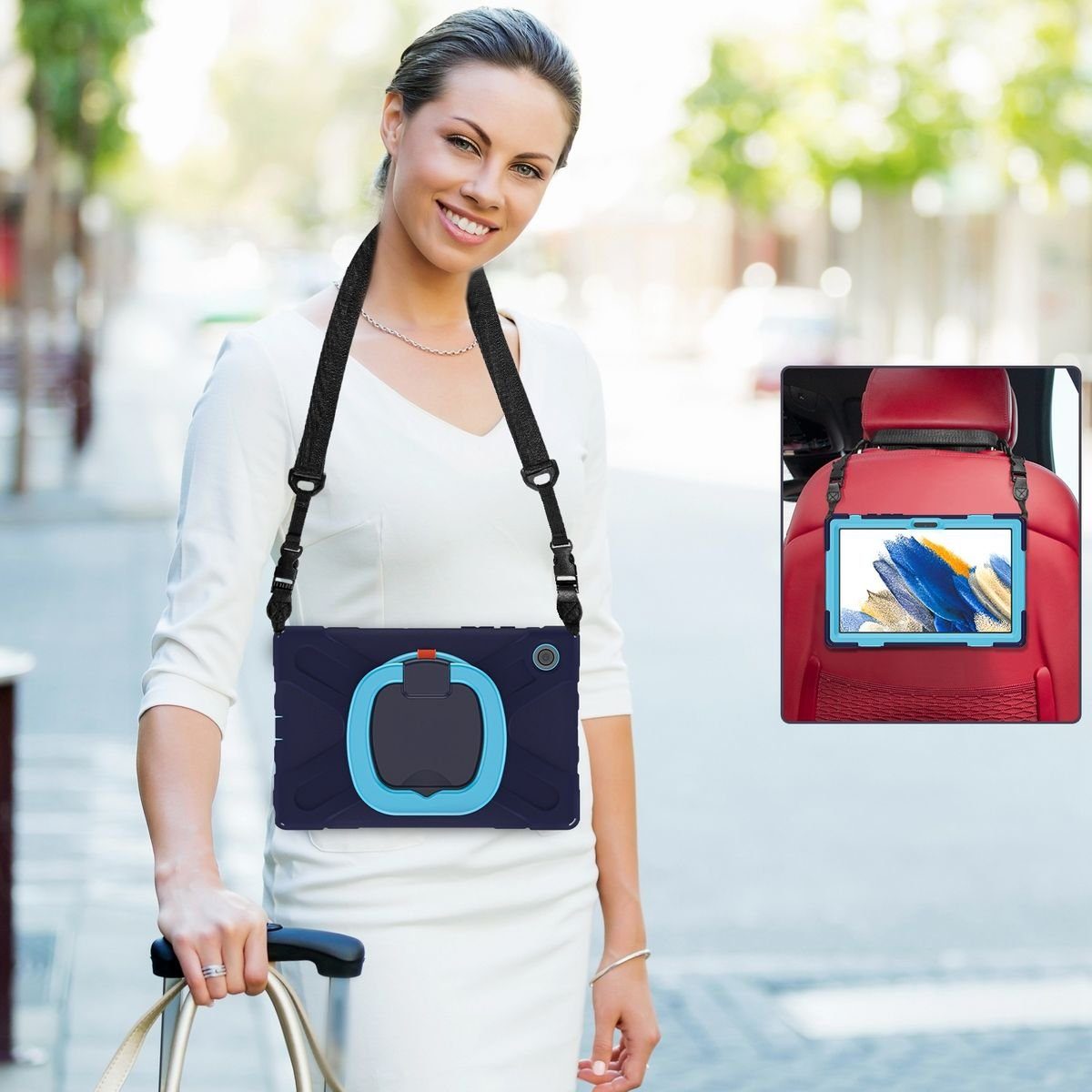 Wigento Tablet-Hülle Für Samsung Galaxy Tab A8 2021 Outdoor Hybrid Dunkelblau Trage Gurt