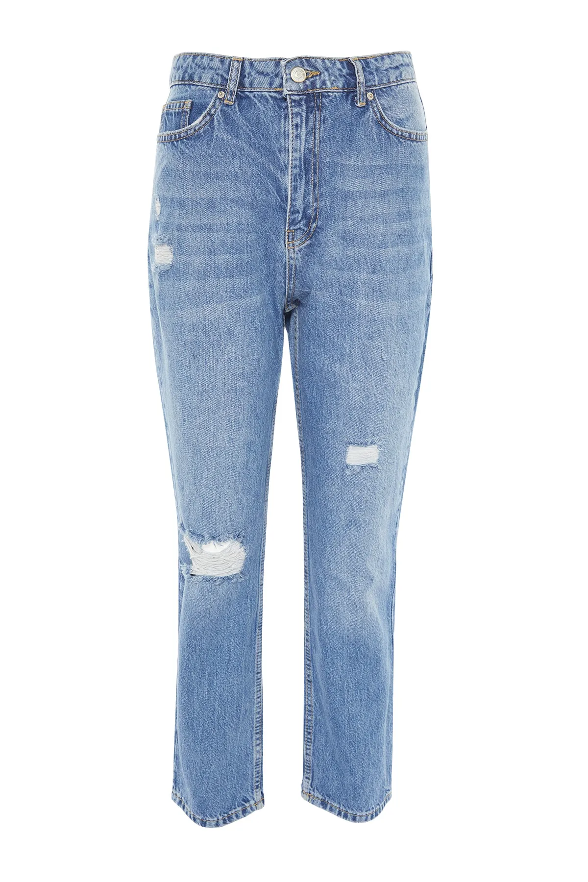 Trendyol Collection  Blaue, zerrissene Jeans mit hoher Taille und geradem Bein TWOSS22JE0431