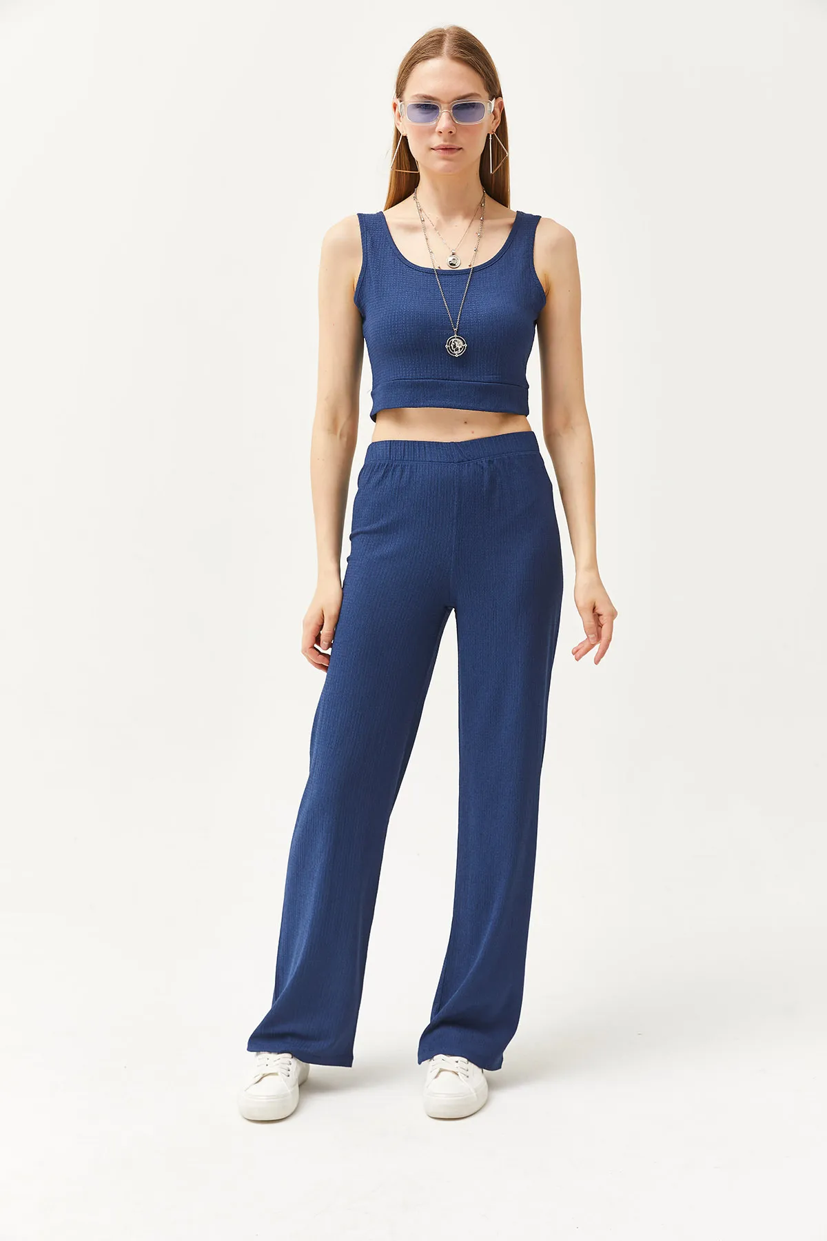Olalook  Damen Indigo Hemdbluse Hose 3-teiliges Set TKM-19000270