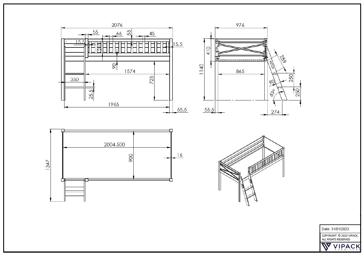 VIPACK Spielbett SCOTT, LF 90 x 200 cm, mit Rolllattenrost, Leiter und Textilset 