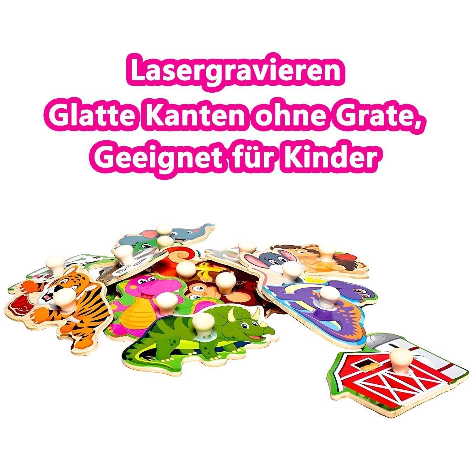 LBLA Lernspielzeug Dino, Fahrzeug, Bauernhof, Zoo, Meer, Obst Holzpuzzle (6er Set), Puzzlespiel, Steckpuzzle, Holzspielzeug für Kinder, Weihnachtsgeschenk