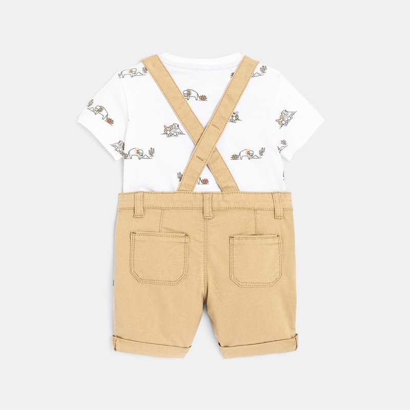 Salopette coton fantaisie et t-shirt imprimé bisons beige bébé garçon