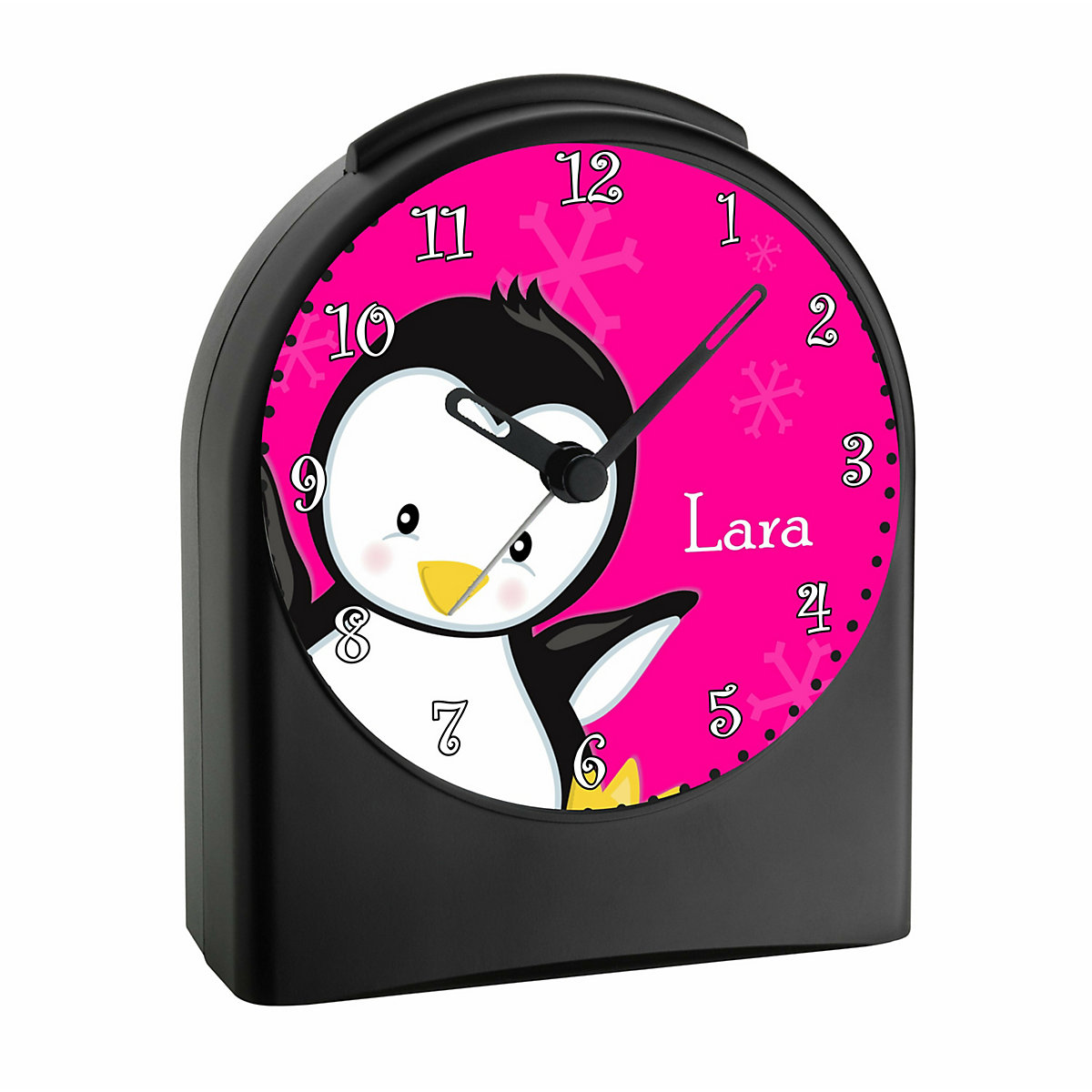 Kinder Funkwecker personalisiert mit Namen Pinguin Atom-/Funkuhr, 12-Stunden-Anzeigeformat, Schlummerfunktion, Nachtlicht, Geräuschlos/Ohne Ticken