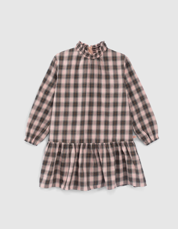 Robe rose et kaki à carreaux et col smocké fille