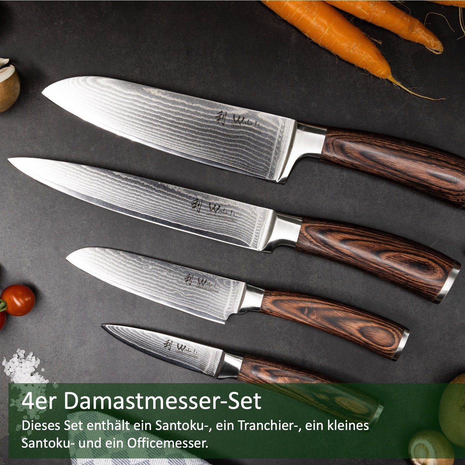 Wakoli Messer-Set Edib 4er Damastmesserset I 8 - 18cm Klinge I Pakkaholzgriff