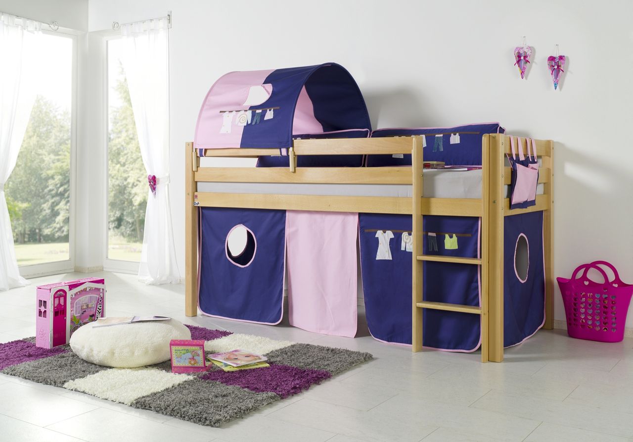 Relita Halbhohes Spielbett ALEX Buche massiv natur lackiert mit Stoffset Kleider Kleider/Violett