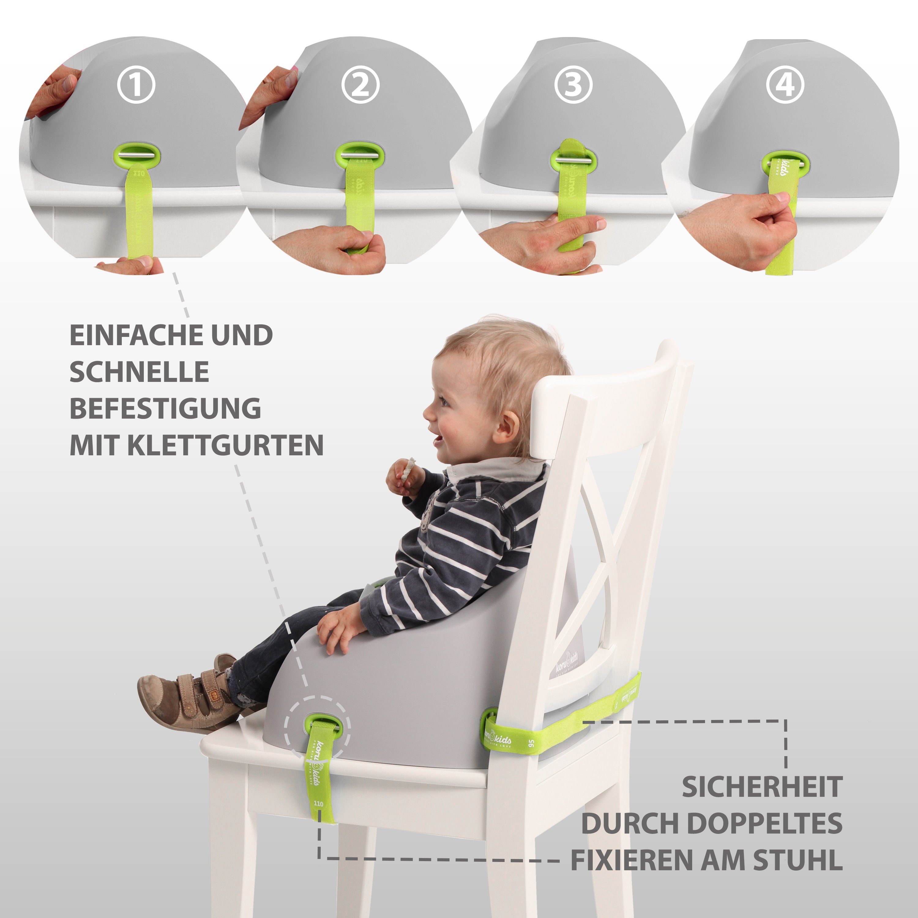 Koru Kids Kindersitzerhöhung Toddler Booster, ab: 12 Monate, bis: 7 Jahre plus, bis: 40,00 kg, Leicht am Stuhl zu fixieren, leicht zu reinigen, stapelbar, robust