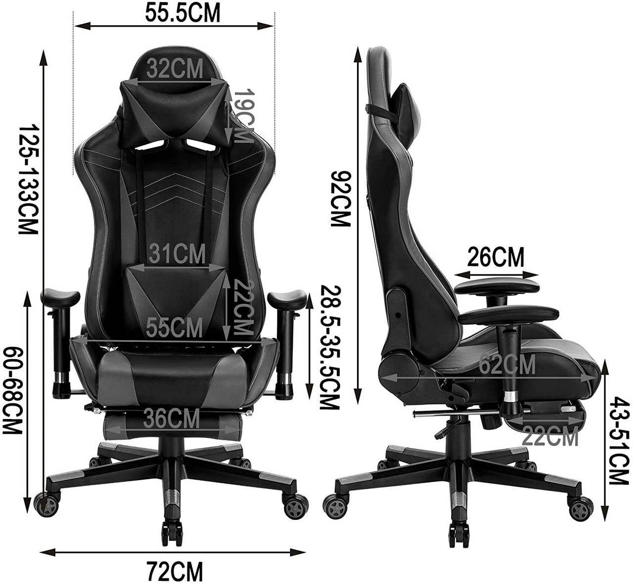 Woltu Gaming-Stuhl (1 St), mit Armlehnen Kopfkissen Lendenstütze Fußstütze