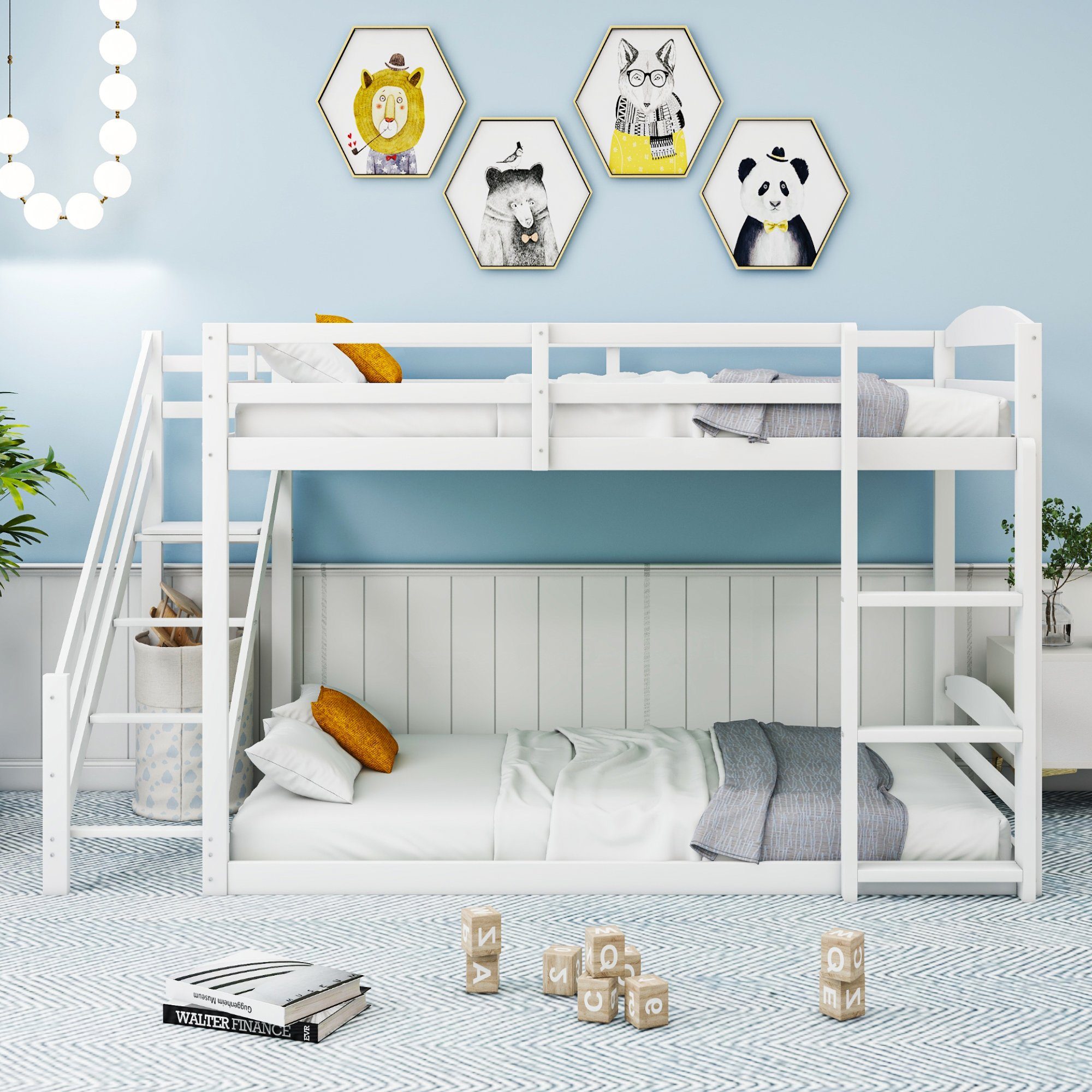 REDOM Etagenbett Holzbett Tagesbett Kinderbett Gästebett 90*200cm (mit zwei Sicherheitstreppen links und rechts, Massivholz-Etagenbett mit Lattenrost), ohne Matratze