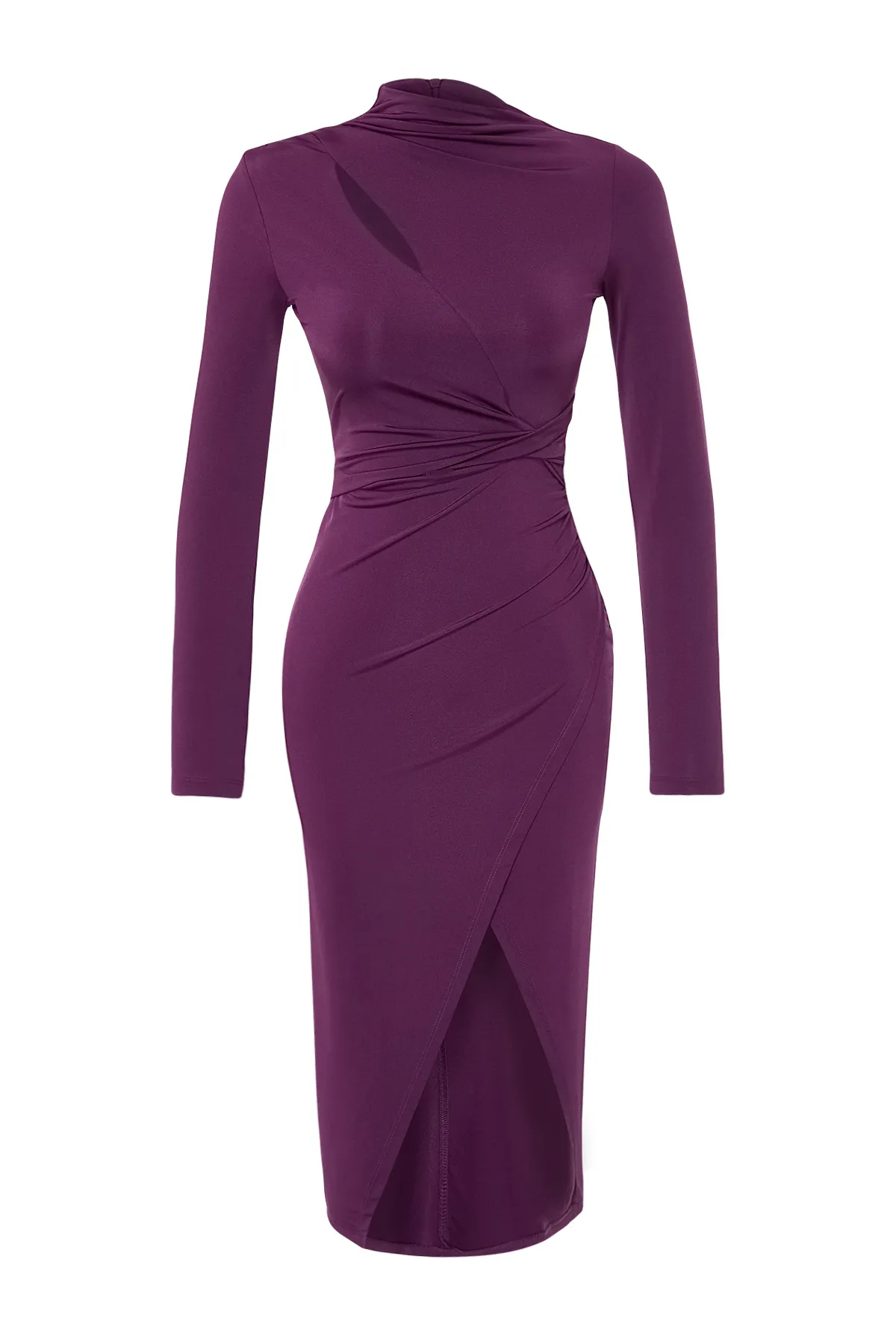 Trendyol Collection  Elegantes, pflaumenfarbenes, gestricktes Abendkleid mit Fensterausschnitt und Ausschnitten TPRAW24EL00143