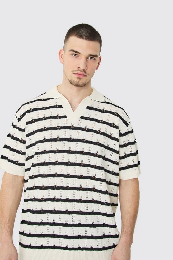 Tall kurzärmliges gehäkeltes Oversize Poloshirt mit Streifen