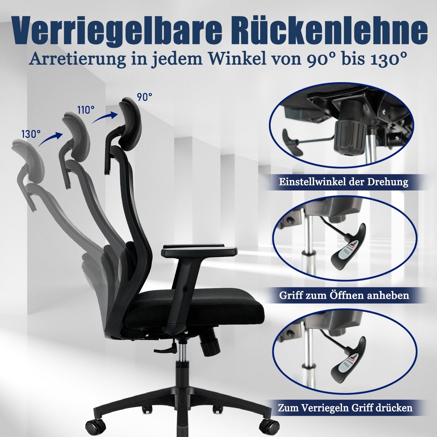 Durrafy Bürostuhl Bürostuhl Ergonomischer,Chefsessel,Schreibtischstuhl, mit Wippfunktion bis 130°, Leise rollen, Bürostuhl 150 KG