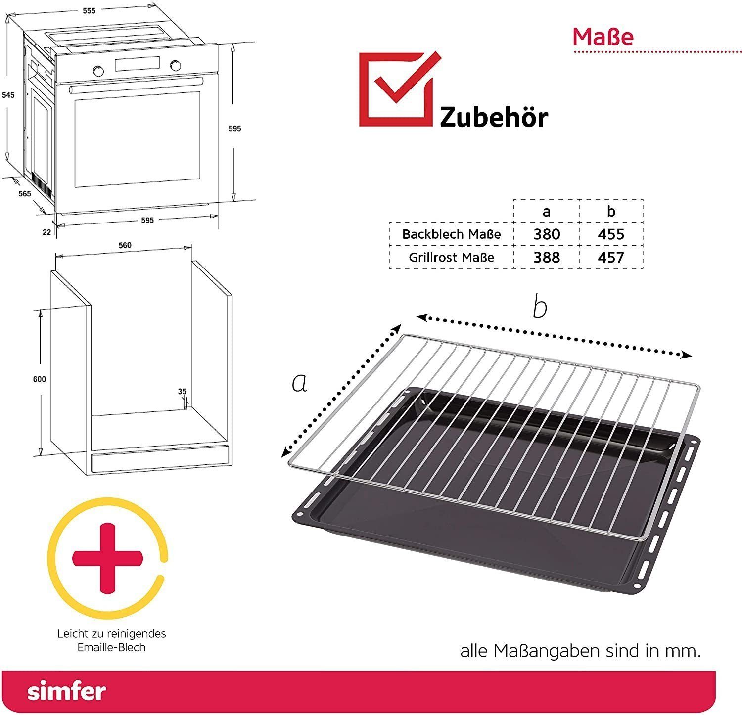 Simfer Einbaubackofen SMF-BO 6019, 60 cm, 62 L, 3 Funktionen, mit Teleskopauszug nachrüstbar, Backraumbeleuchtung, 2-fach Verglasung, Kühlgebläse