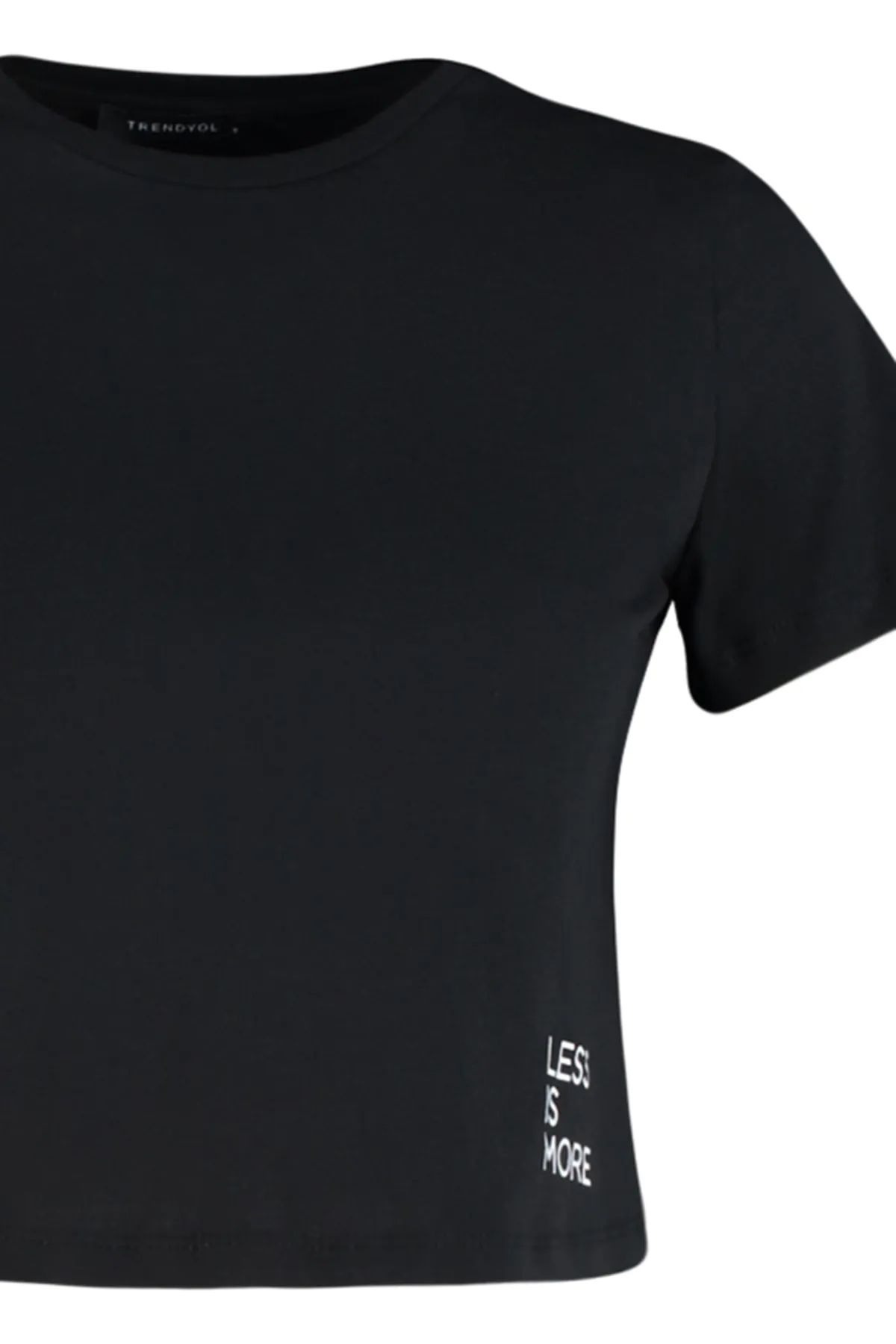 Trendyol Collection  Schwarzes, kurzes Strick-T-Shirt mit Rundhalsausschnitt und Slogan-Print aus 100 % Baumwolle TWOSS23TS00125