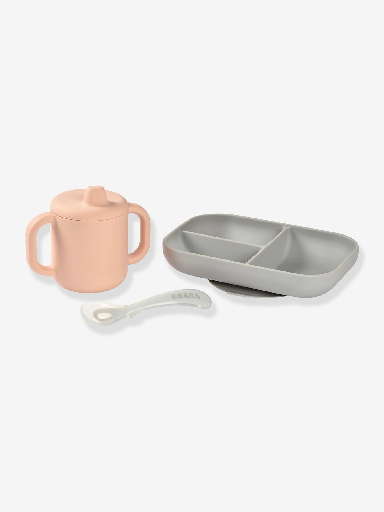 Coffret d’apprentissage 3 pièces BEABA en silicone rose