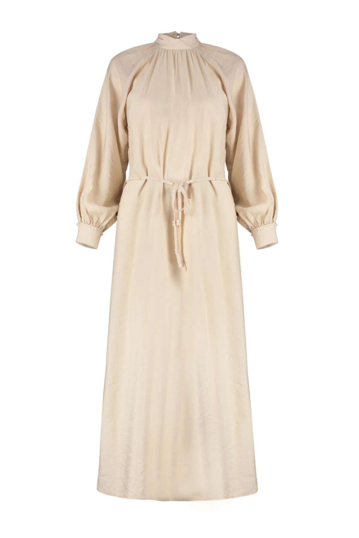 Trendyol Modest  Puderfarbenes, gewebtes Kleid mit Stehkragen und Perlengürtel TCTSS24EB00125
