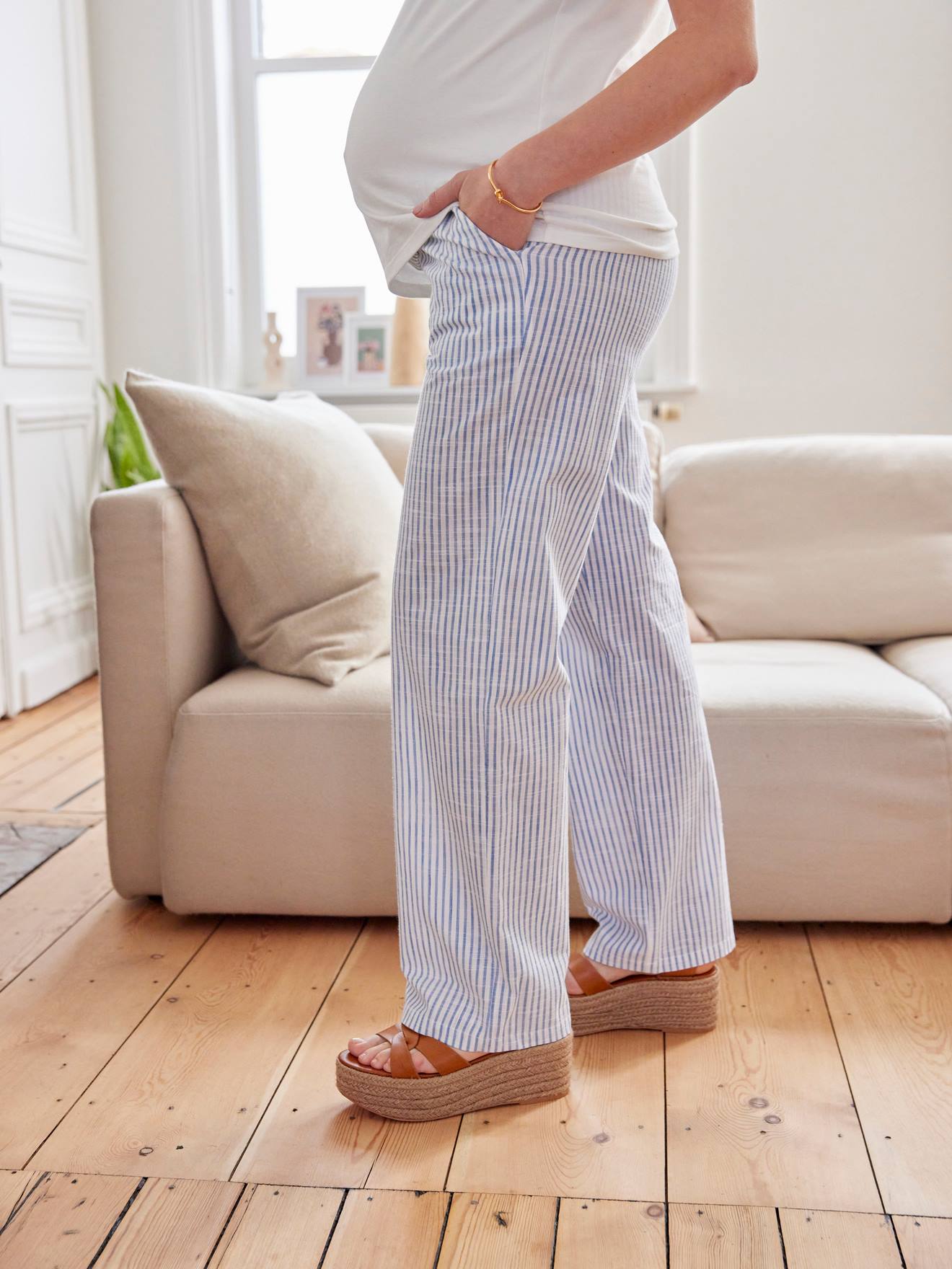 Pantalon large rayé de grossesse bleu chambray