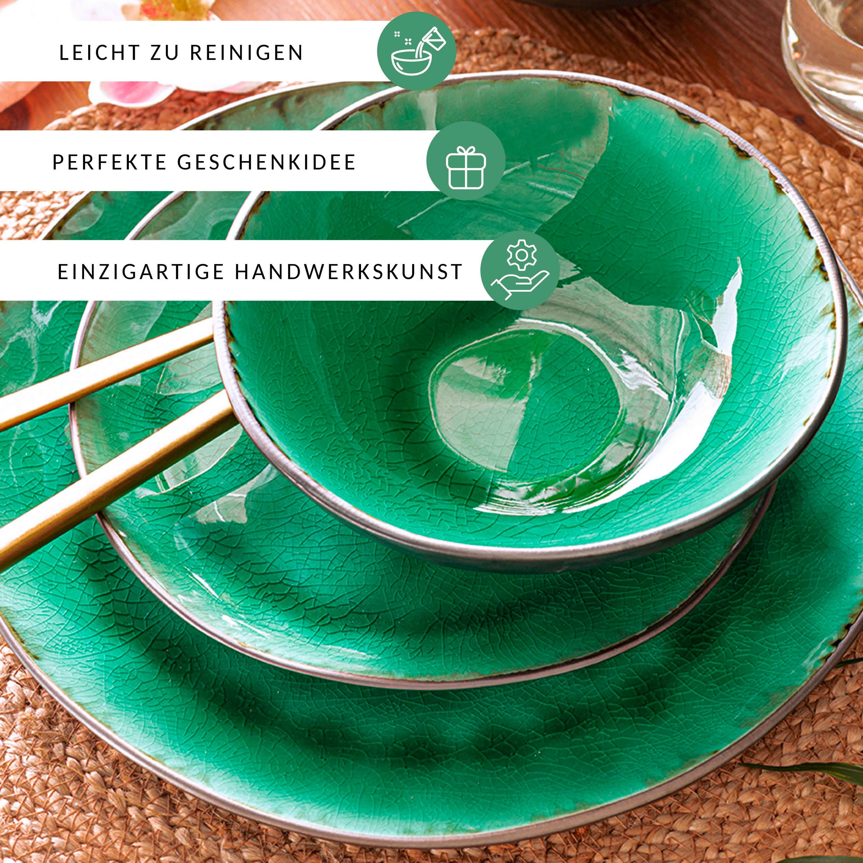 SÄNGER Tafelservice Palm Beach Geschirrset, Grün-Schwarz (12-tlg), 4 Personen, Steingut, Handmade, spülmaschinengeeignet