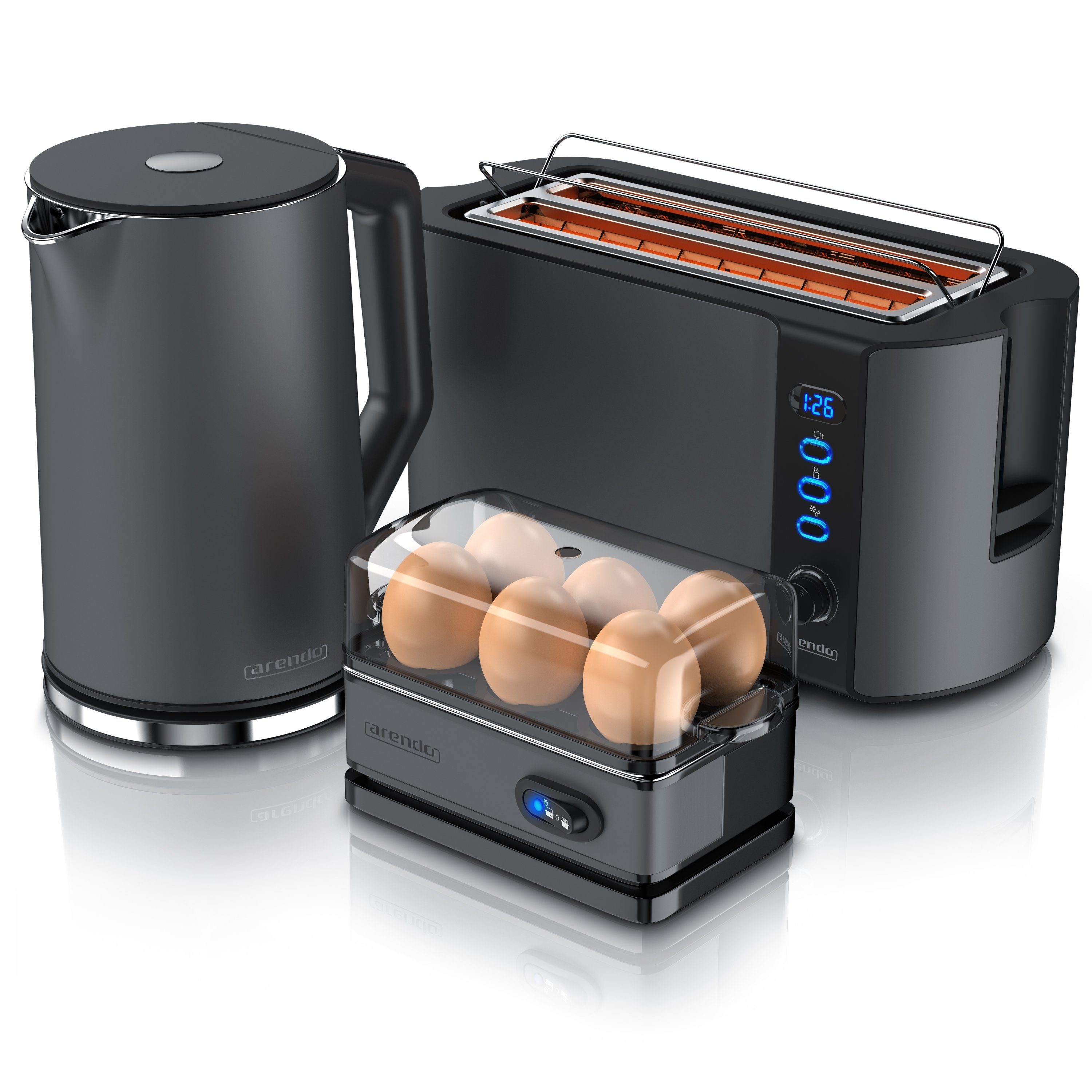 Arendo Frühstücks-Set (3-tlg), Wasserkocher 1,5l, 4-Scheiben Toaster, 6er Eierkocher, Grau