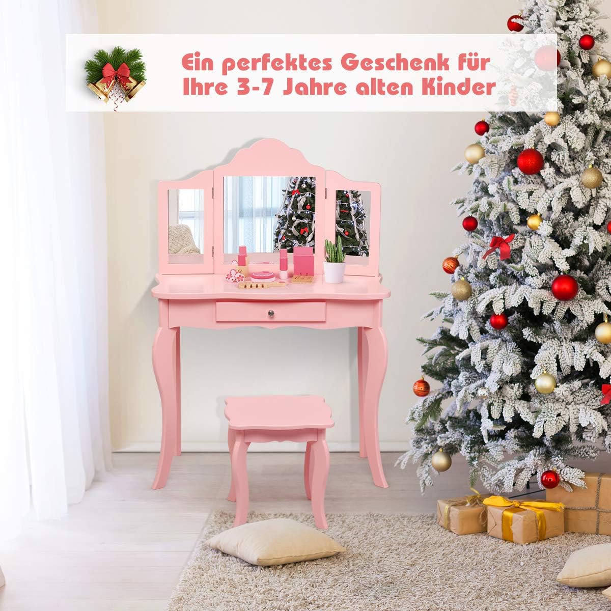 Costway Kinder Schminktisch mit Hocker und Abnehmbarer Spiegel