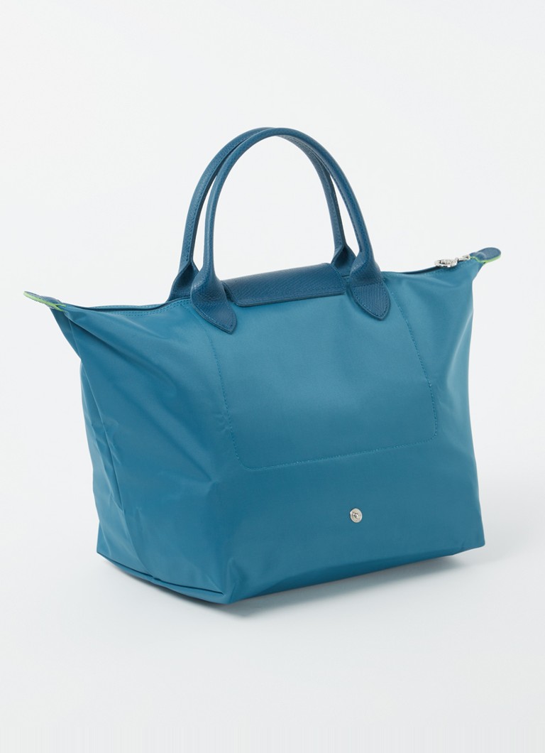 Geantă verde Longchamp Le Pliage, mărimea M, cu detalii din piele.