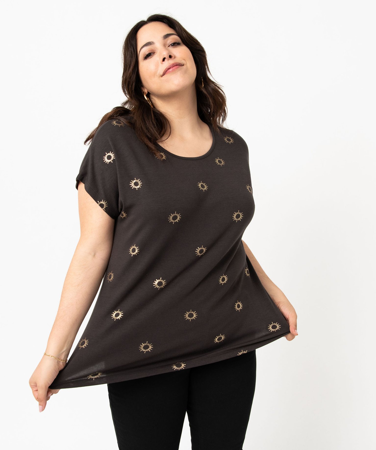 Tee-shirt femme grande taille à manches courtes avec motifs noir | GEMO