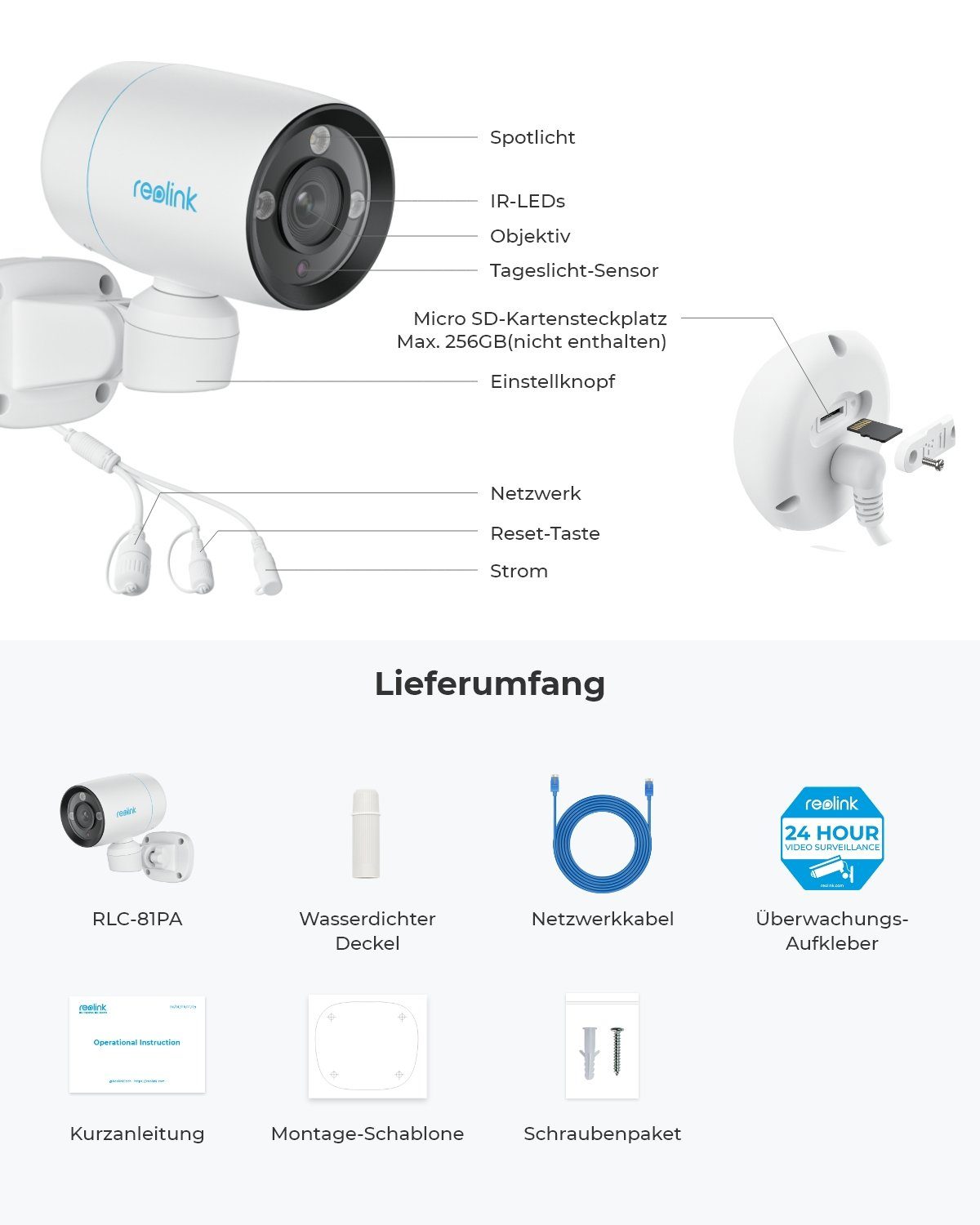 Reolink 4K 8MP 180° Schwenkbare PoE P330P Überwachungskamera (Außenbereich, Auto-Tracking, Farbnachtsicht, Personen-/Fahrzeug-/Haustiererkennung)
