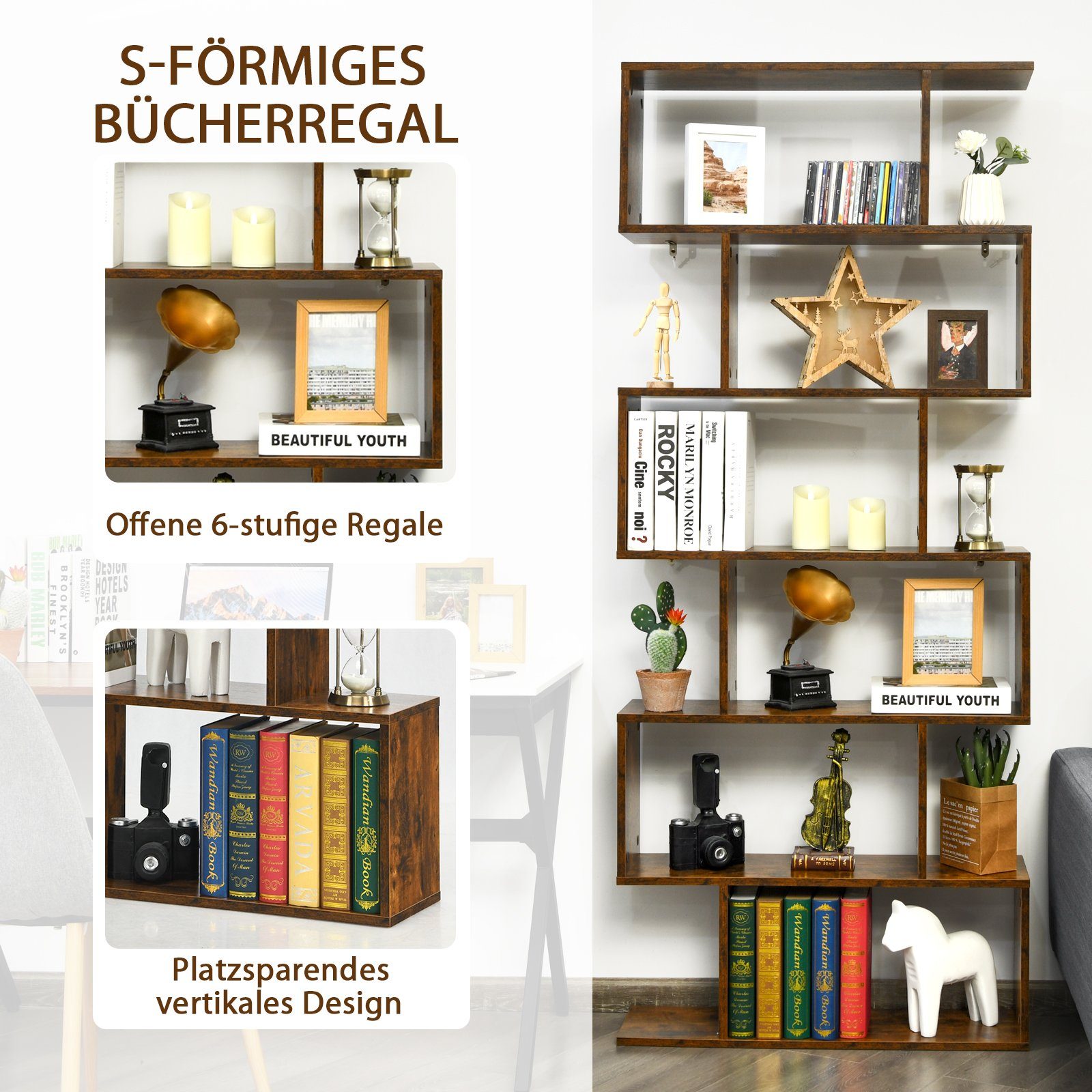 COSTWAY Bücherregal, Standregal mit 6 Fächern, 20 kg/Ebene, 80x23x192cm, braun