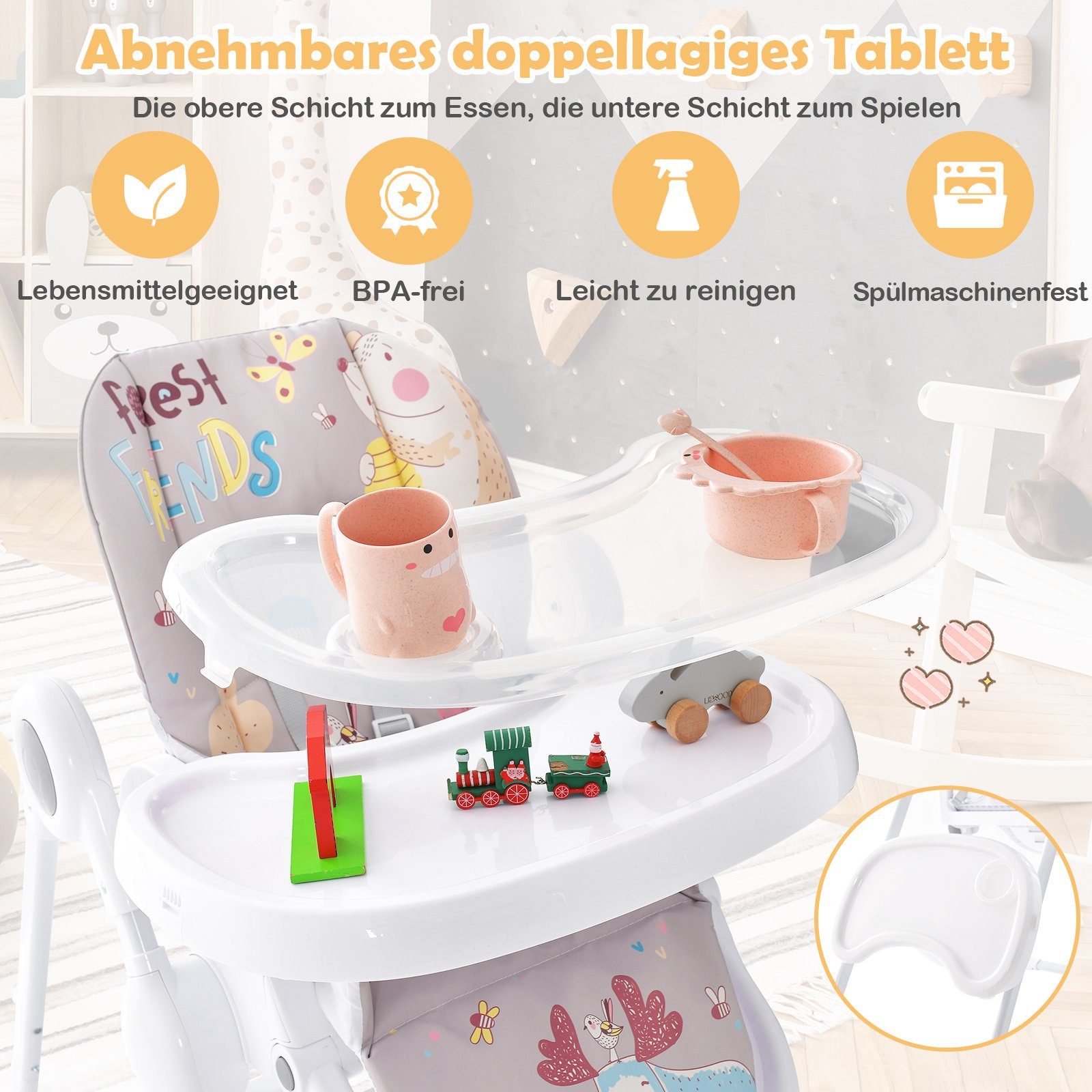COSTWAY Hochstuhl, 3in1 klappbarer Babyhochstuhl, 7-stufiger Höhen, verstellbar