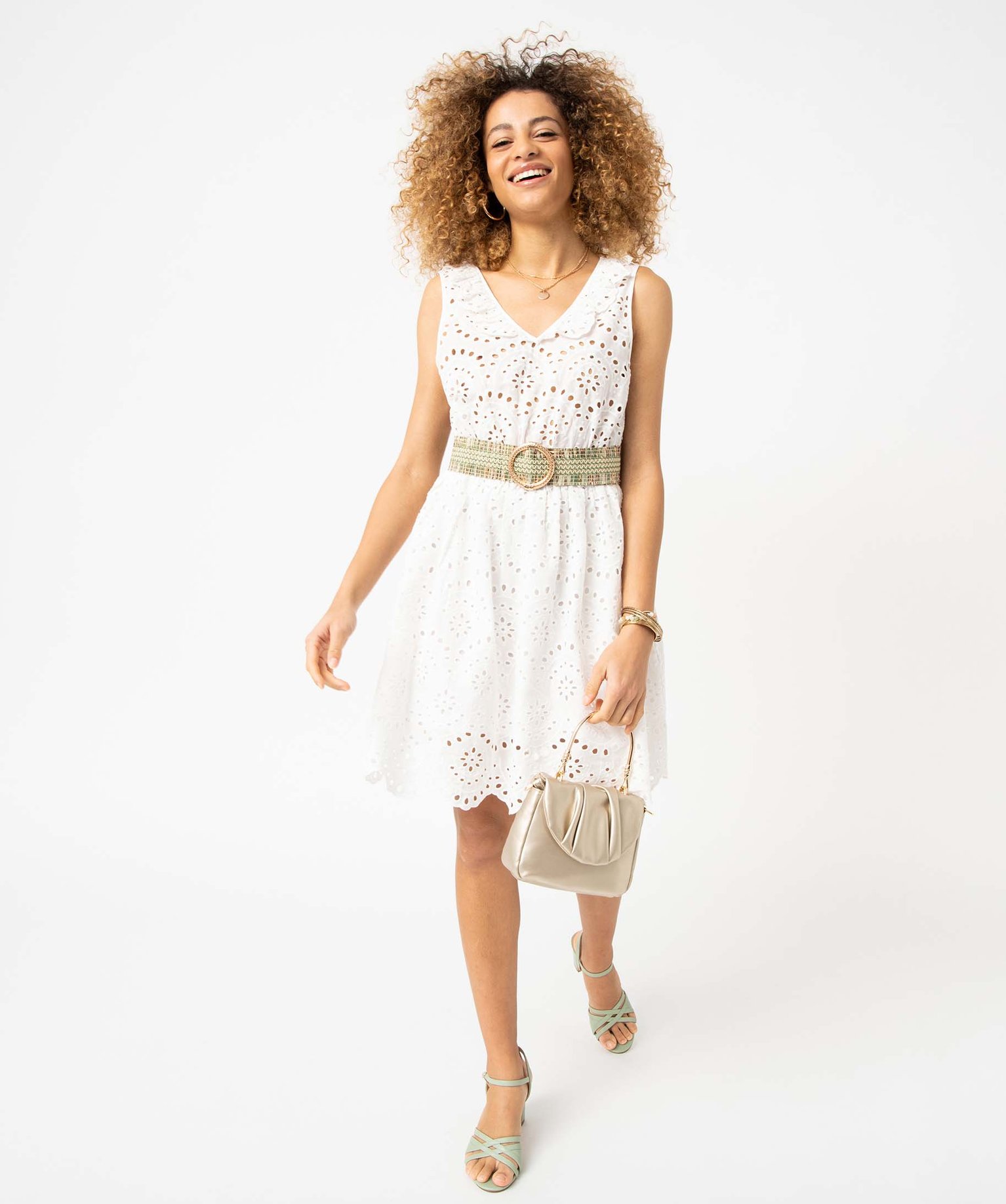 Robe femme en broderie anglaise sans manches ecru | GEMO