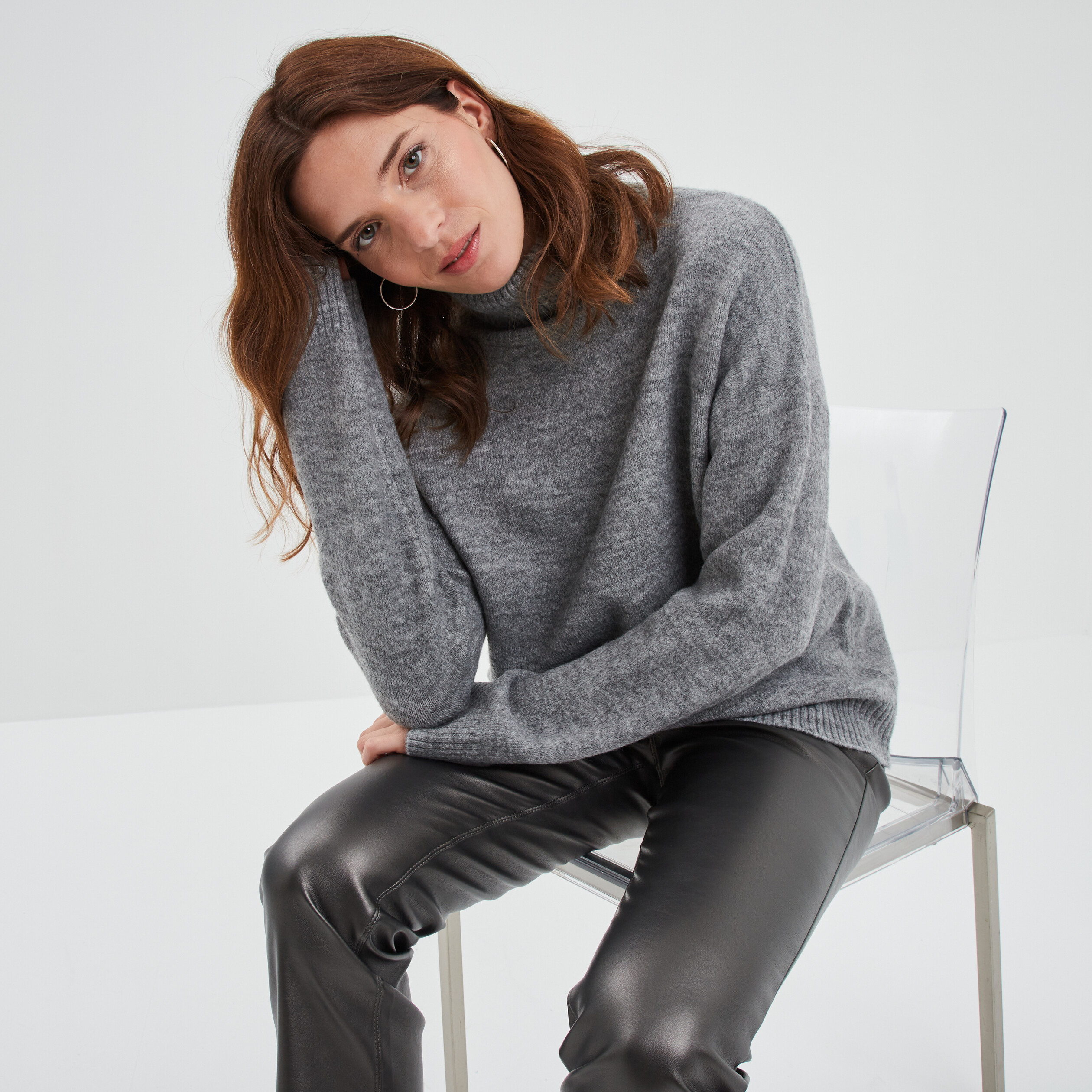 Pull col roulé droit manches longues gris clair femme | La Halle