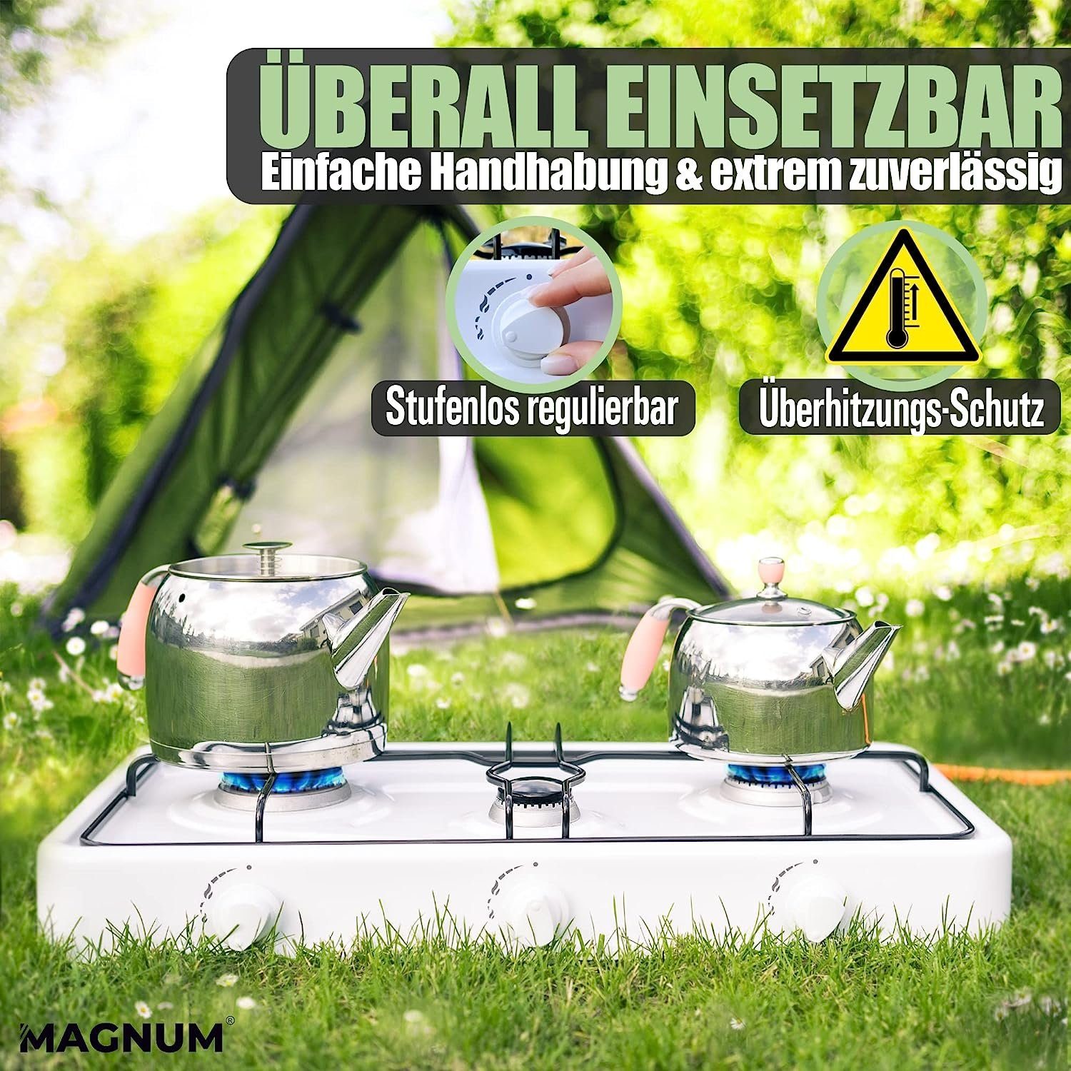 Magnum Wave Gaskocher MAGNUM Trio - 3- Flammiger Campingkocher, (Camping-Set, 1-St., Ideal für Camping und Angeln), Gaskocher Trio inkl. Gasschlauch - Campingkocher