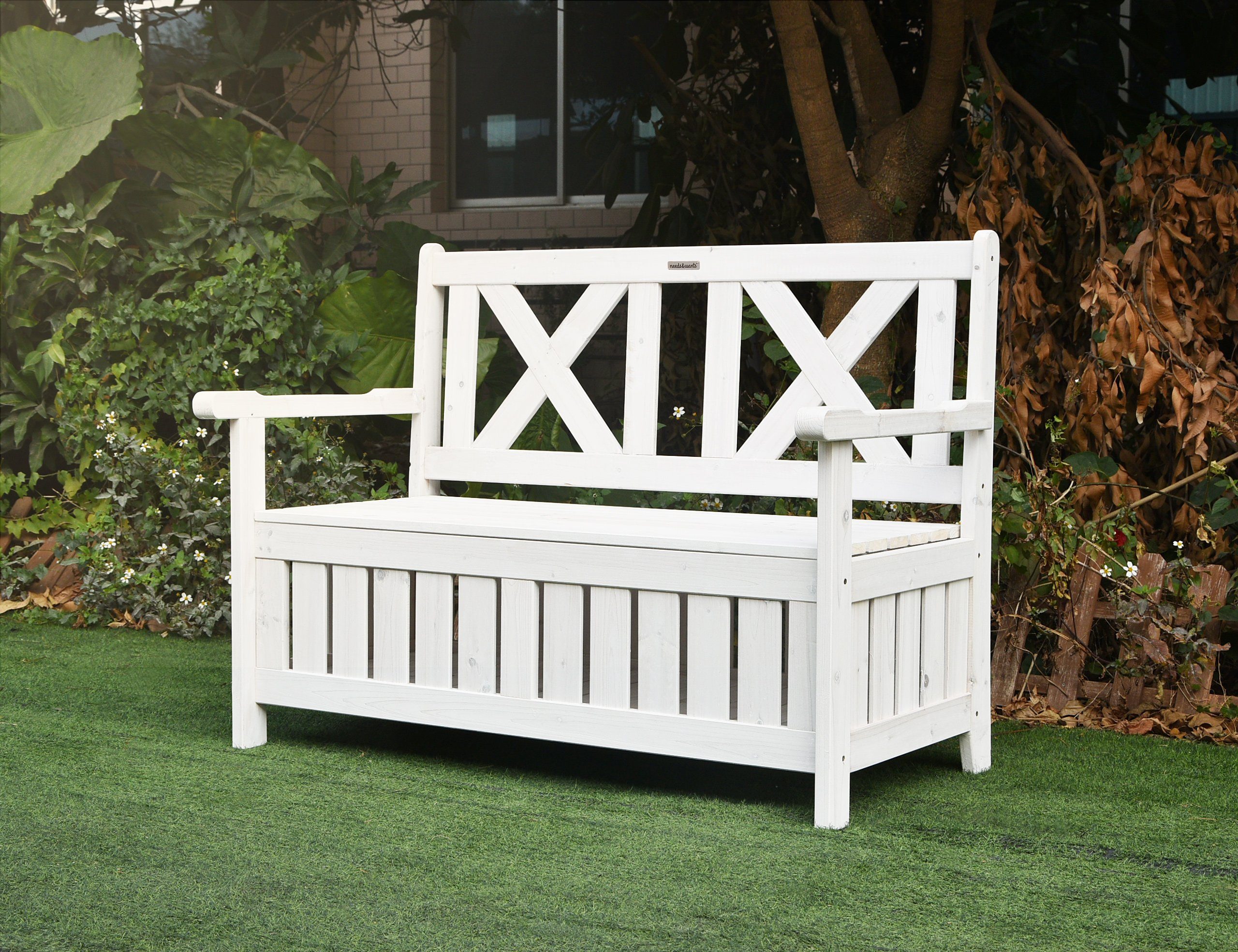 needs&wants® Gartenbank Holz wetterfest mit Stauraum, Truhenbank Holzbank Sitzbank Truhe weiß