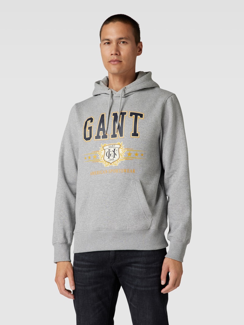 Hoodie mit Label-Print in mittelgrau meliert