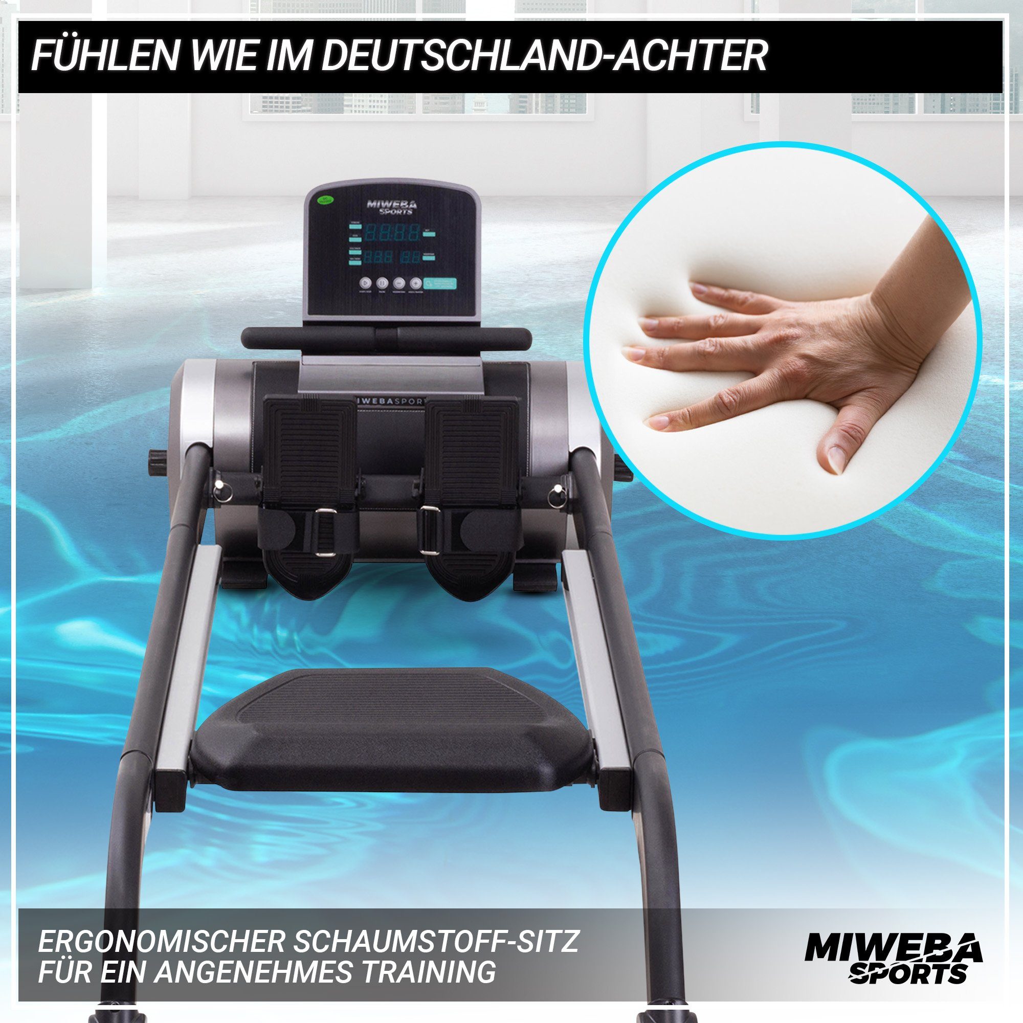 Miweba Sports Rudergerät Designer Rudermaschine MR100 - 10 kg Schwungmasse - auch Holz Optik (LCD Display, ergonomischer Sitz, Anti-Rutsch-Griff, Transportrollen, klappbar & kompakt, Rudergeräte für Zuhause, Krafttraining, Ganzkörpertraining, Rowing
