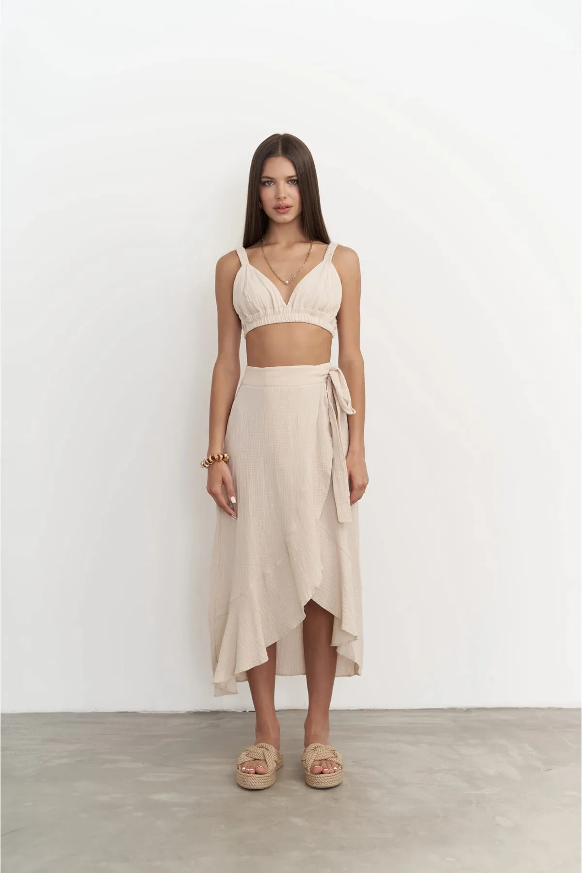 BOHEMAİ  Adelina Dunkelbeiges Musselin-Crop-Rock-Set